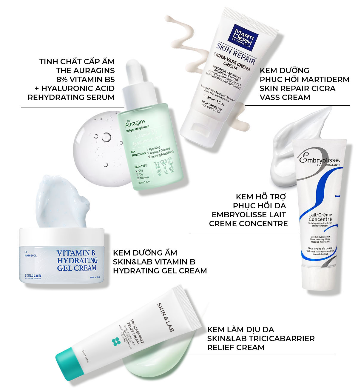 Các sản phẩm dưỡng da phổ biến gồm serum cấp ẩm Auragins, kem phục hồi MartiDerm, và kem nền Embryolisse, với trọng tâm củng cố hàng rào bảo vệ da theo xu hướng làm đẹp 2023. Khám phá thêm qua bài viết của Lixibox!