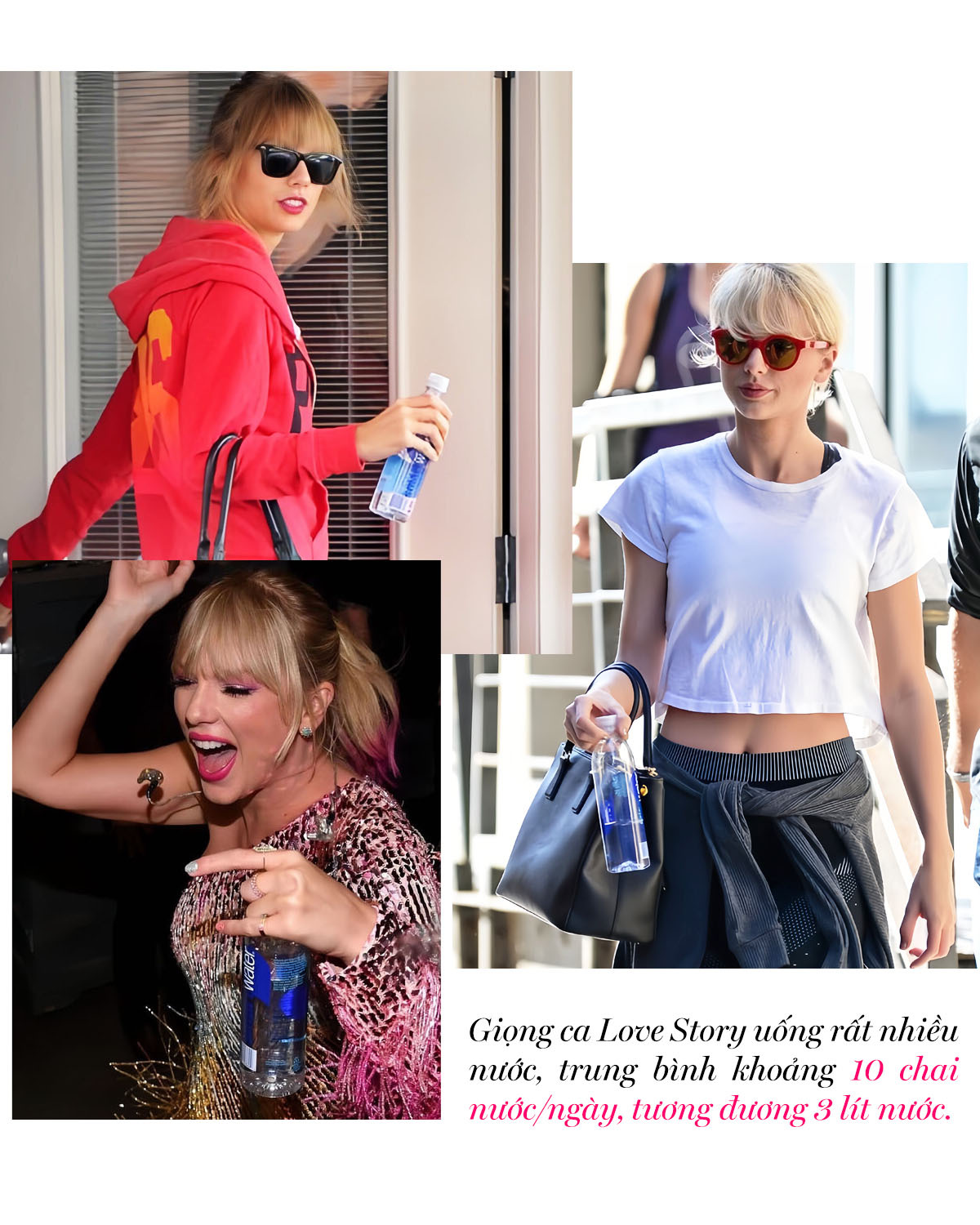 Bài viết trên Lixibox khám phá bí quyết làm đẹp của Taylor Swift, biểu tượng toàn cầu nổi tiếng với khí chất và vẻ đẹp. Cô nàng chú trọng uống đủ nước hàng ngày, trung bình khoảng 10 chai, tương đương 3 lít nước, để giữ làn da tươi trẻ và vóc dáng hoàn hảo.