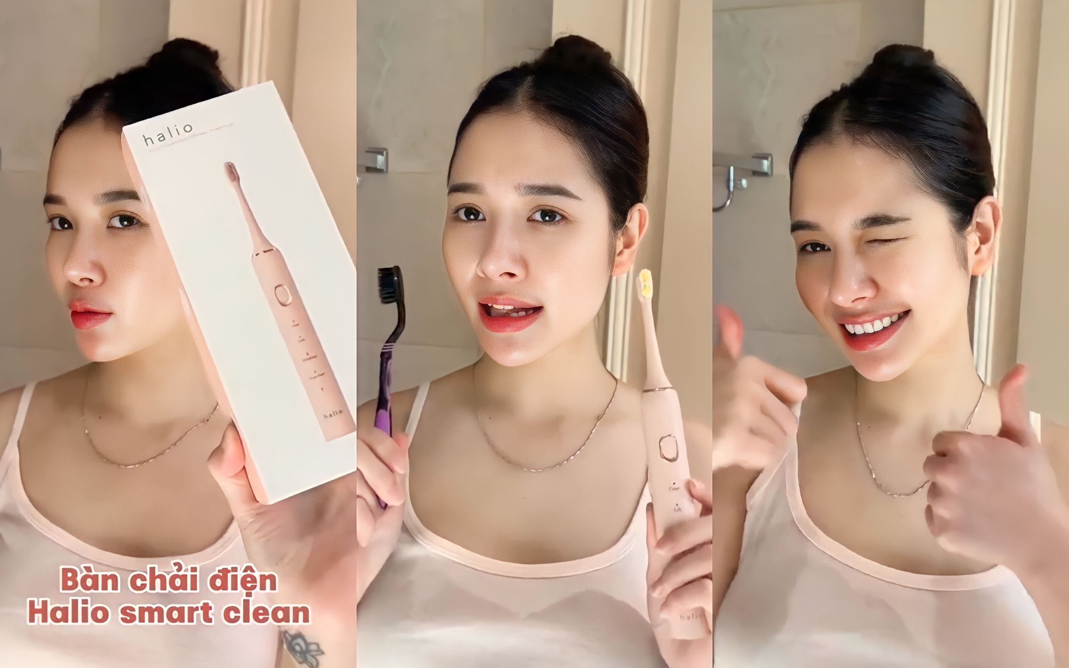 Bàn chải điện Halio Sonic SmartClean đang được cô gái trẻ cầm trên tay, biểu cảm hài lòng, kèm theo sự dễ thương. Sản phẩm mang đến trải nghiệm chải răng siêu sạch, giá mềm và các tính năng vượt trội, review bàn chải điện Halio trên Lixibox.
