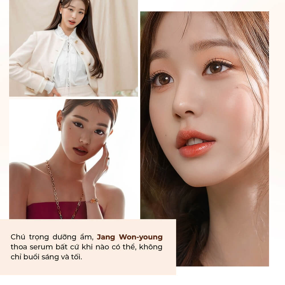 Mẹo skincare của Jang Won-young, nhấn mạnh vào dưỡng ẩm và việc thoa serum đều đặn để có làn da hoàn hảo. Bài viết từ Lixibox Skincare chia sẻ bí quyết làm đẹp của các center nhóm nhạc Kpop, bao gồm Nayeon, Irene, và YooA.