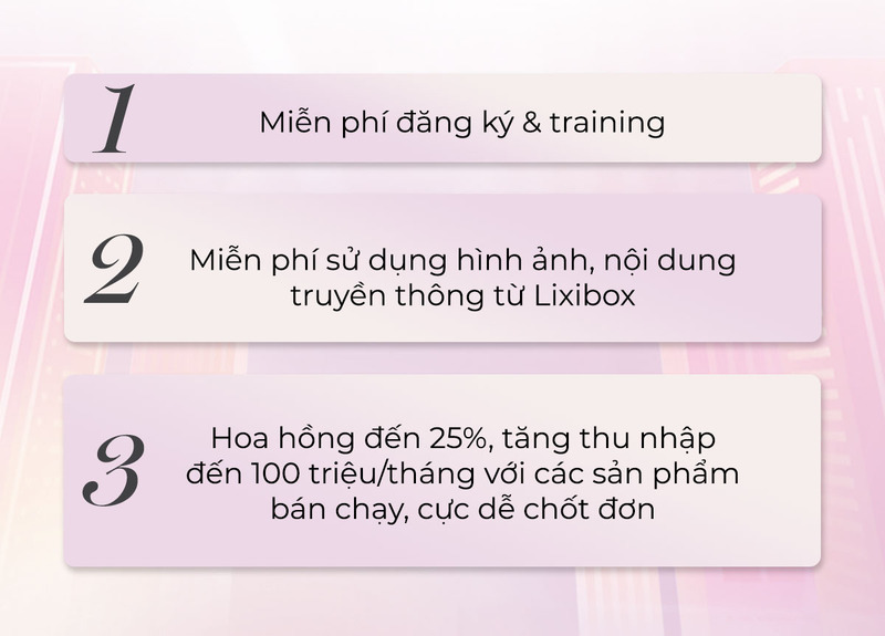 Ba điểm nổi bật của chương trình Lixibox Affiliate: 1. Miễn phí đăng ký & training; 2. Miễn phí sử dụng hình ảnh, nội dung truyền thông từ Lixibox; 3. Hoa hồng đến 25%, tăng thu nhập đến 100 triệu/tháng với các sản phẩm bán chạy.