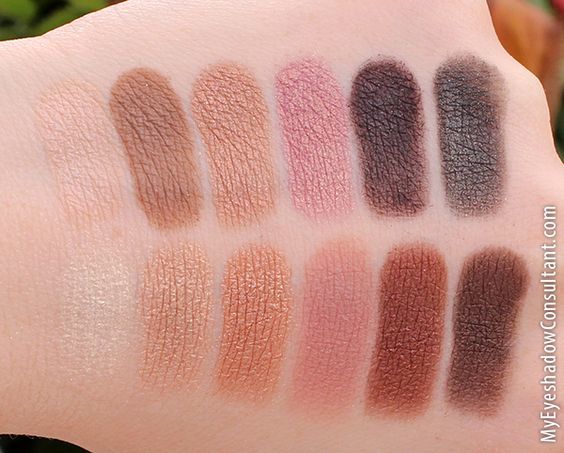 Hình ảnh swatch các tông màu của 5 bảng phấn mắt drugstore hàng đầu, thể hiện sắc thái từ nhẹ nhàng đến đậm, thích hợp cho nhiều phong cách trang điểm khác nhau.