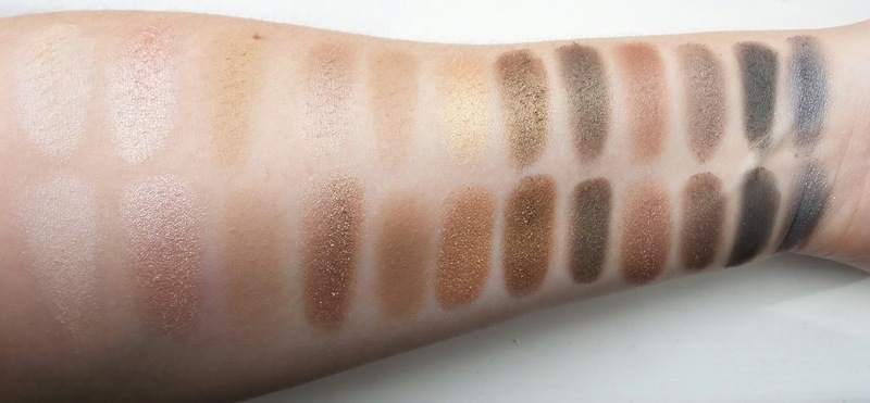 Swatch của các bảng phấn mắt drugstore với nhiều sắc thái khác nhau, bao gồm từ màu sáng đến tối, thể hiện sự đa dạng cho trang điểm hàng ngày. Khám phá Top 5 bảng phấn mắt sẽ khiến bạn yêu ngay!