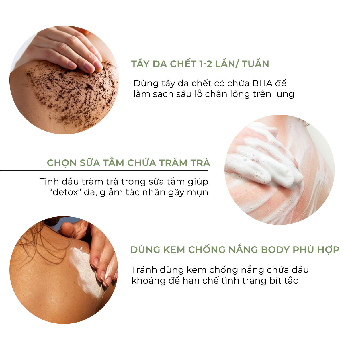 Bài viết về cách trị mụn lưng với 3 mẹo hiệu quả: tẩy da chết 1-2 lần/tuần, chọn sữa tắm chứa tràm trà và dùng kem chống nắng body phù hợp để loại bỏ mụn lưng và có làn da láng mịn như Triệu Lộ Tư.