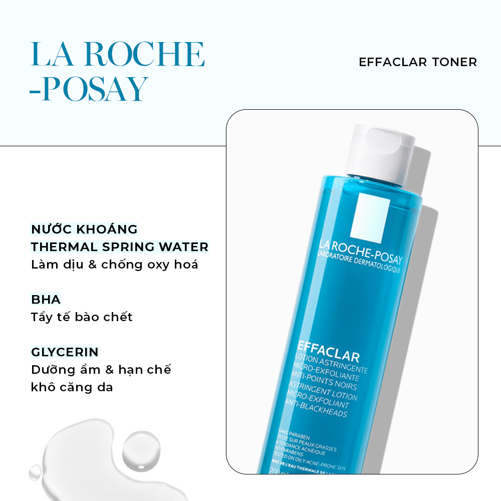 Toner La Roche-Posay Effaclar cho da dầu mụn, chứa nước khoáng, BHA, glycerin giúp làm dịu, chống oxy hóa và dưỡng ẩm hiệu quả. Lixibox gợi ý top 10 toner cho da dầu mụn tốt nhất hiện nay.