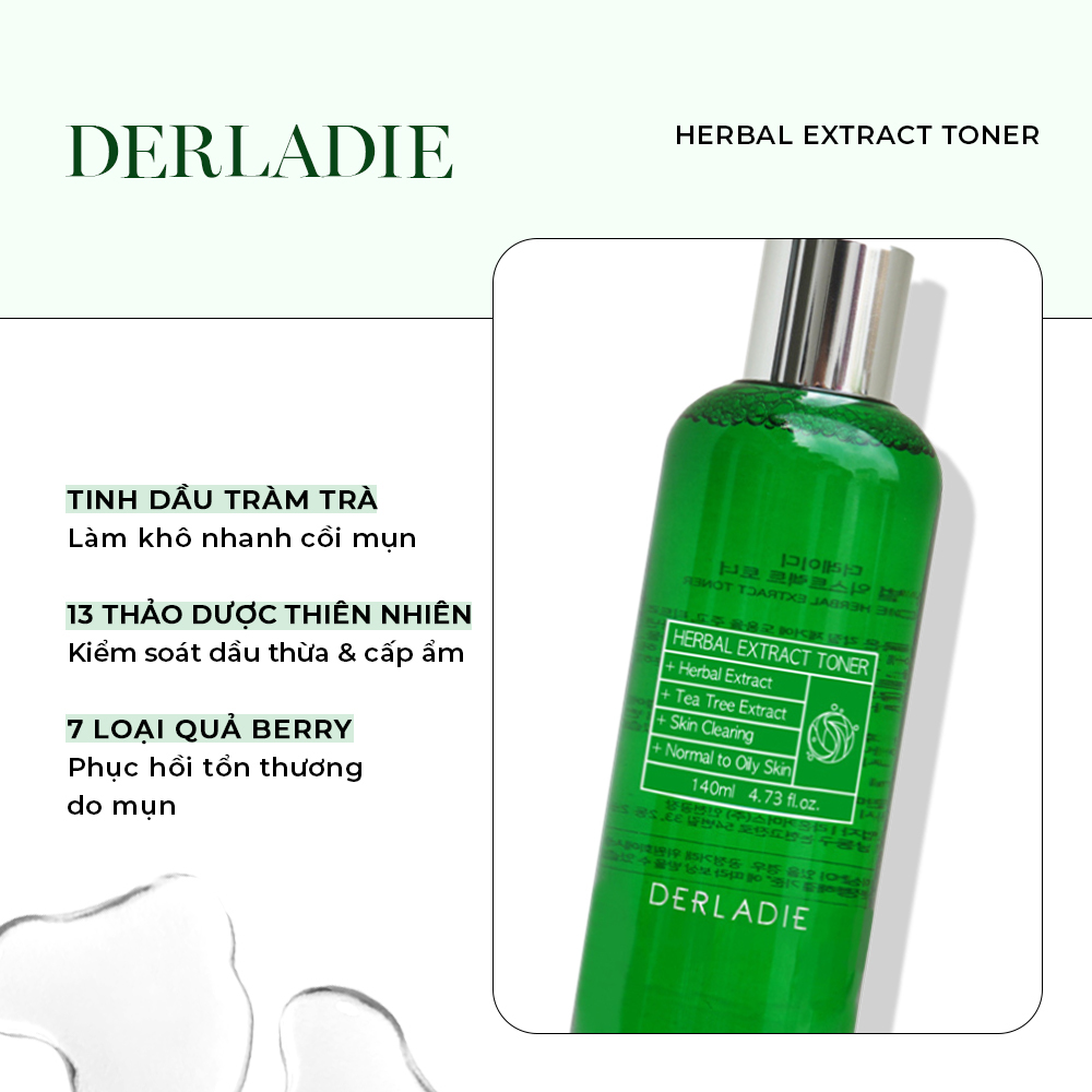 Toner chiết xuất thảo dược Derladie giúp làm sạch sâu, điều hòa độ pH cho da dầu mụn, với thành phần tinh dầu tràm trà kháng khuẩn, 13 thảo dược tự nhiên kiềm chế dầu thừa cùng 7 loại quả berry phục hồi da, mang lại làn da khỏe mạnh, mịn màng.