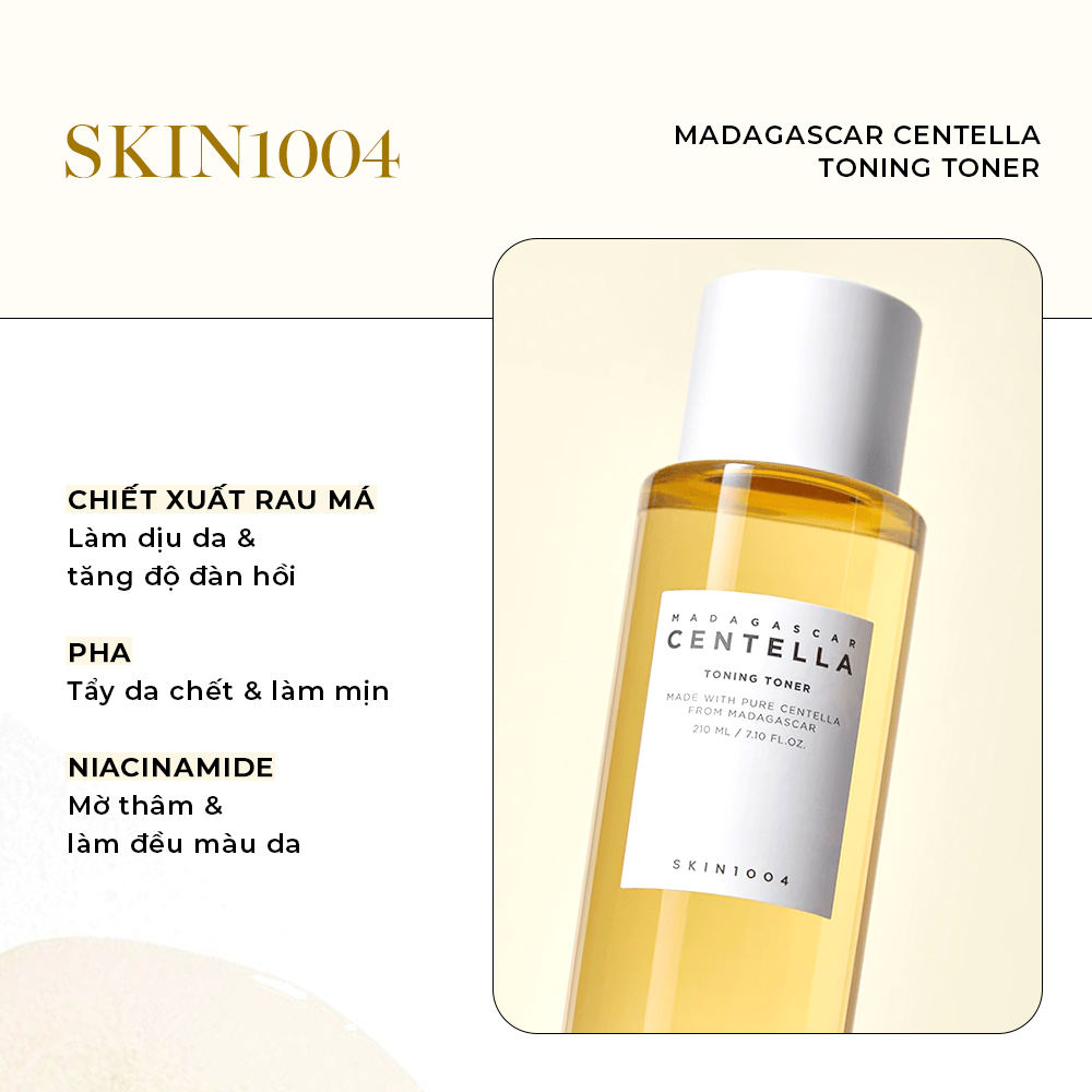 Toner Madagascar Centella là sản phẩm lý tưởng cho da dầu mụn, với chiết xuất rau má giúp làm dịu và tăng độ đàn hồi. PHA hỗ trợ tẩy da chết hiệu quả, và Niacinamide giúp làm đều màu da, mang lại làn da tươi sáng.