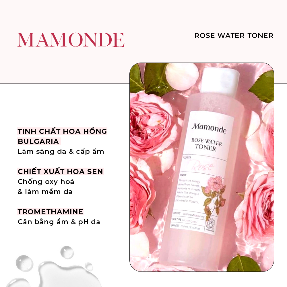 Toner nước hoa hồng Mamonde giúp làm sáng da và cấp ẩm với tinh chất hoa hồng Bulgaria, chiết xuất hoa sen chống oxy hóa, và thành phần Tromethamine giúp cân bằng độ ẩm và pH cho da. Sản phẩm lý tưởng cho da dầu mụn, hỗ trợ cải thiện tình trạng da.