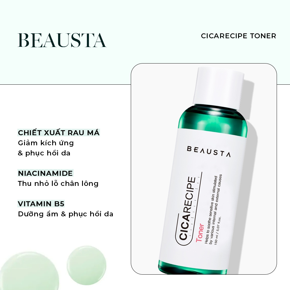 Toner Beausta Cicarecipe với chiết xuất rau má giúp giảm kích ứng và phục hồi da. Niacinamide giúp thu nhỏ lỗ chân lông, kết hợp với Vitamin B5 nuôi dưỡng và phục hồi da hiệu quả. Khám phá các loại toner cho da dầu mụn tốt nhất hiện nay cùng Lixibox!