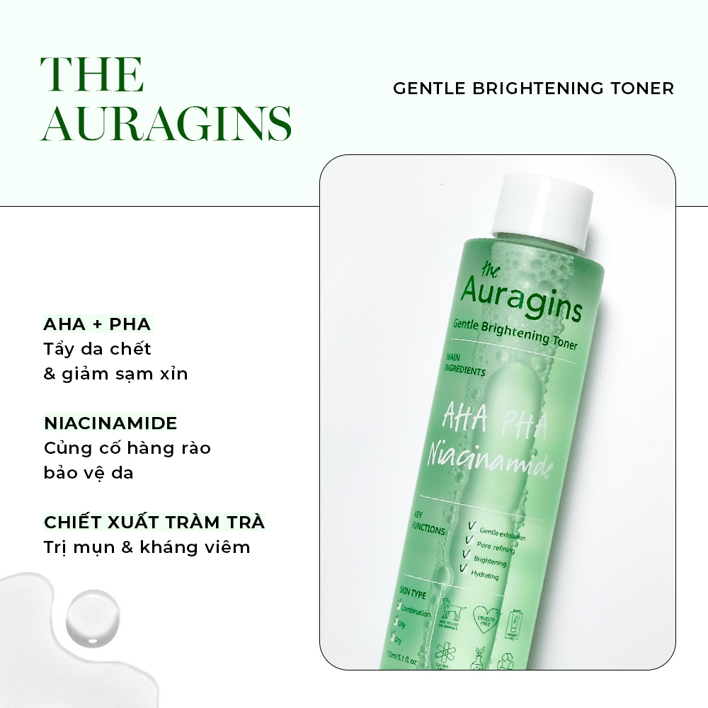 Toner AHA + PHA từ The Auragins giúp tẩy da chết nhẹ nhàng, kết hợp niacinamide bảo vệ da và chiết xuất tràm trà hỗ trợ điều trị mụn, phù hợp cho da dầu mụn. Khám phá các loại toner tốt nhất hiện nay cùng Lixibox.