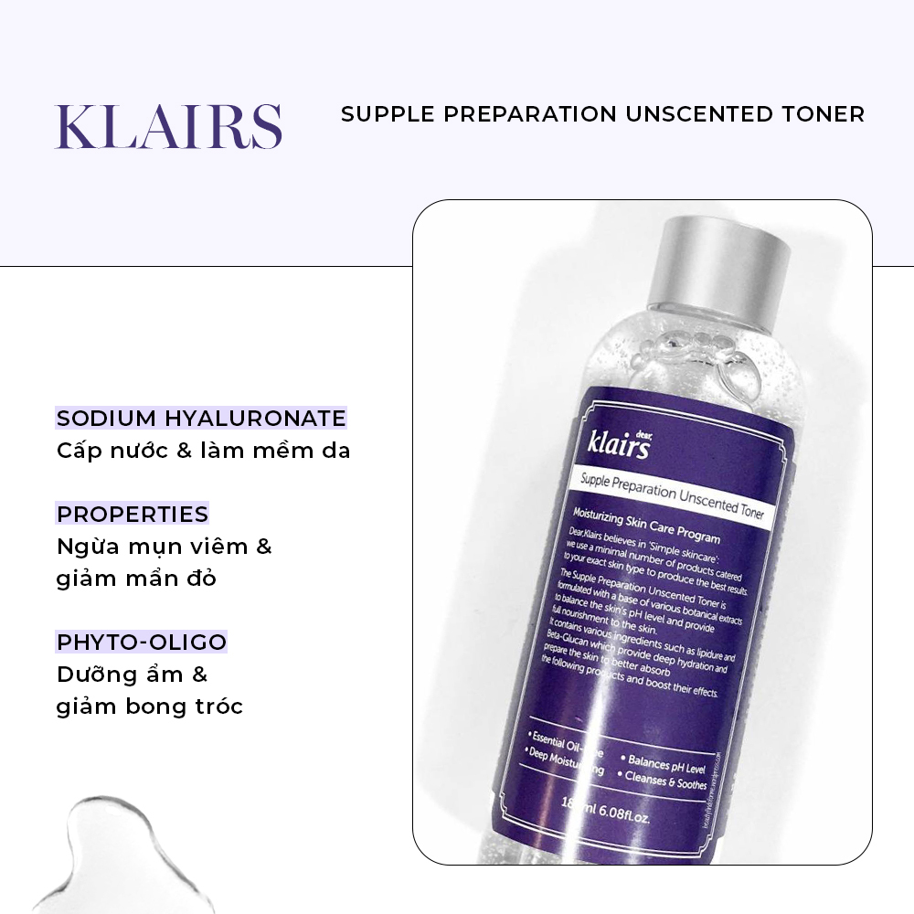 Toner KLAIRS Supple Preparation Unscented với thành phần Sodium Hyaluronate giúp cấp nước và làm mềm da, ngừa mụn viêm, giảm mẩn đỏ, phù hợp cho da dầu mụn. Khám phá các loại toner tốt nhất hiện nay tại Lixibox Skincare.