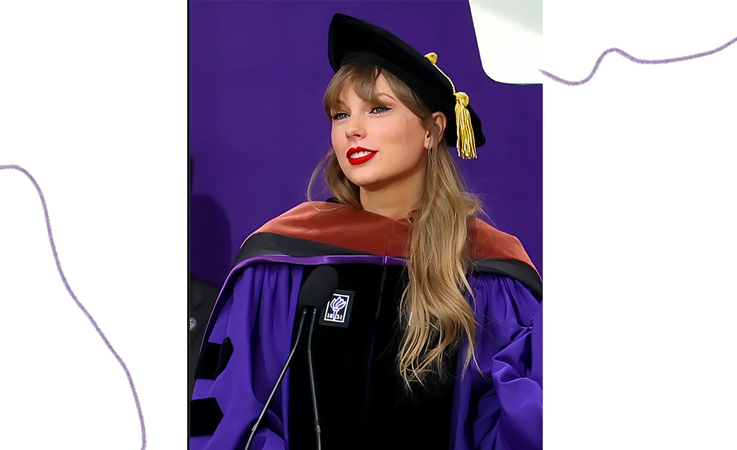 Hình ảnh Taylor Swift trong trang phục học thuật, đại diện cho thế hệ những người phụ nữ mạnh mẽ chọn "quyền lực mềm" như BLACKPINK, truyền cảm hứng cho nhiều người trong cộng đồng Lixibox Inspiration.