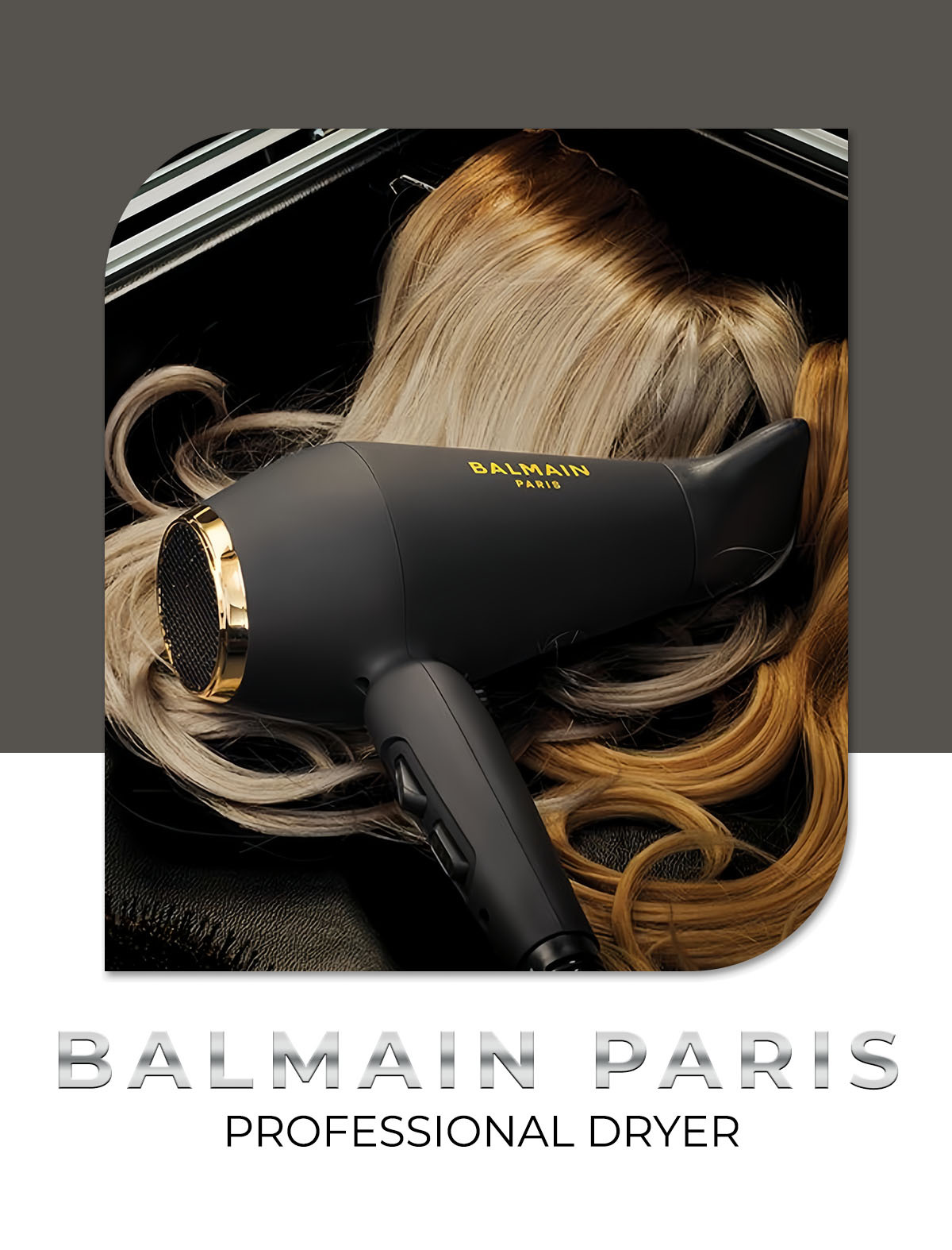 Máy sấy tóc Balmain Paris chuyên nghiệp nằm trên nền tóc vàng, thể hiện sự sang trọng và hiệu suất cao. Dòng sản phẩm được khuyên dùng cho tóc xoăn, giúp chăm sóc tóc hiệu quả hơn với công nghệ ion âm. Khám phá thêm tại Lixibox.