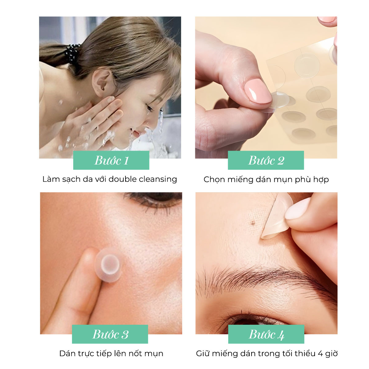 Hướng dẫn sử dụng miếng dán mụn với 4 bước: Làm sạch da với double cleansing, chọn miếng dán mụn phù hợp, dán trực tiếp lên nốt mụn, và giữ miếng dán trong tối thiểu 4 giờ. Thích hợp cho người có làn da dầu và dễ nổi mụn.