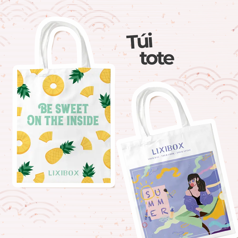 Hai mẫu túi tote độc đáo từ Lixibox, với thiết kế bắt mắt mang thông điệp "Be Sweet On The Inside" và chủ đề mùa hè. Tuyệt vời cho việc tặng quà crush nhân dịp Thất tịch nhằm thể hiện tình cảm đặc biệt.