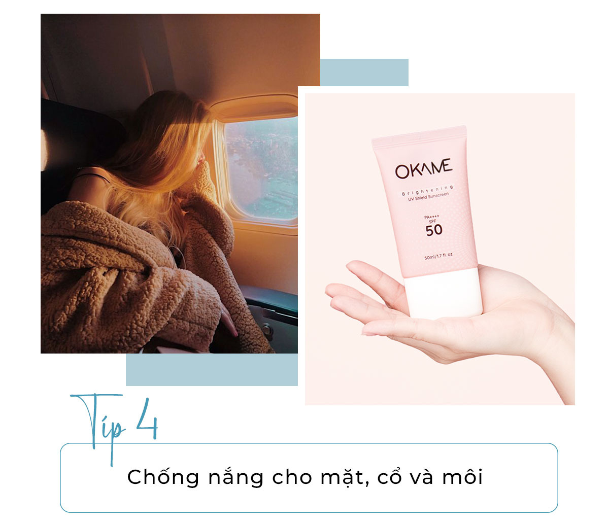 Cách chăm sóc da trên máy bay: Quan trọng nhưng nhiều người lại xem nhẹ! Tips chăm sóc da khi bay với kem chống nắng OKAME SPF 50 bảo vệ da mặt, cổ và môi để duy trì làn da khỏe mạnh và tươi sáng.