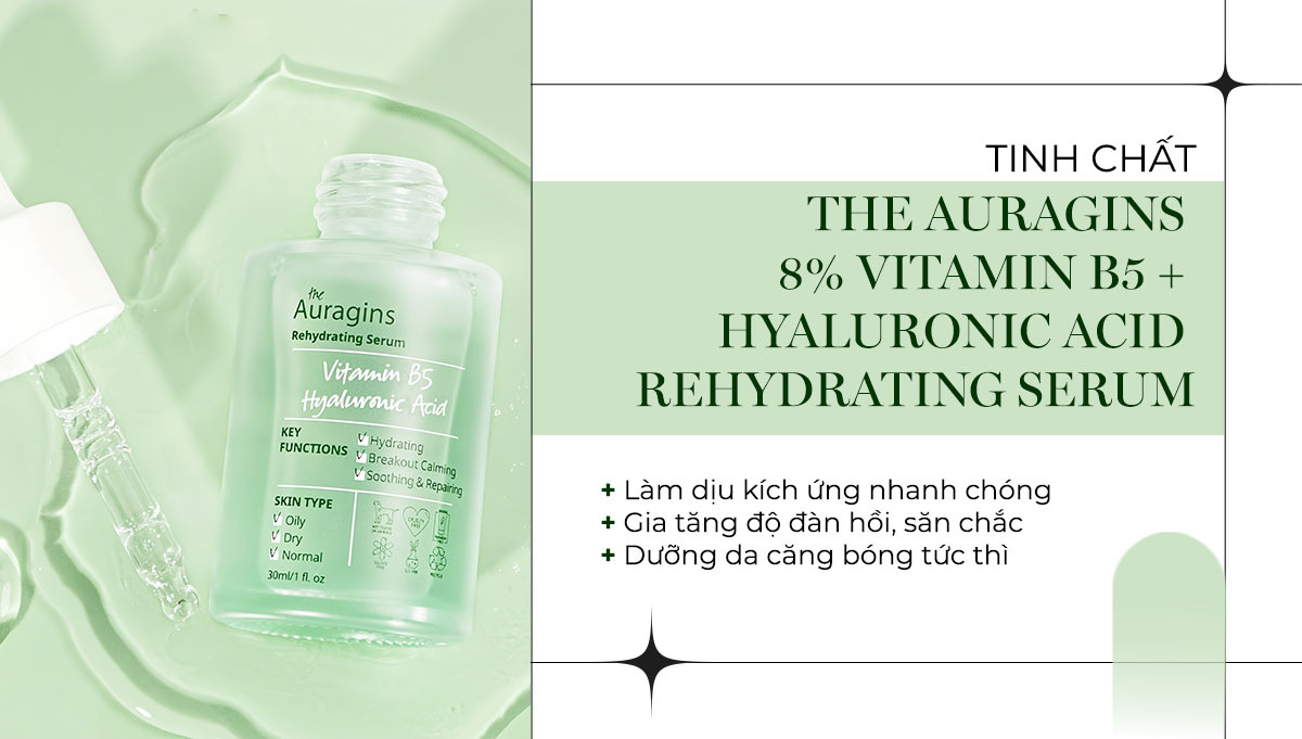 Serum phục hồi da The Auragins với 8% Vitamin B5 và Hyaluronic Acid, giúp làm dịu kích ứng, tăng độ đàn hồi, chăm sóc da sau nặn mụn và phục hồi da bị cháy nắng. Thích hợp với mọi loại da, duy trì vẻ trẻ trung, ẩm mượt.