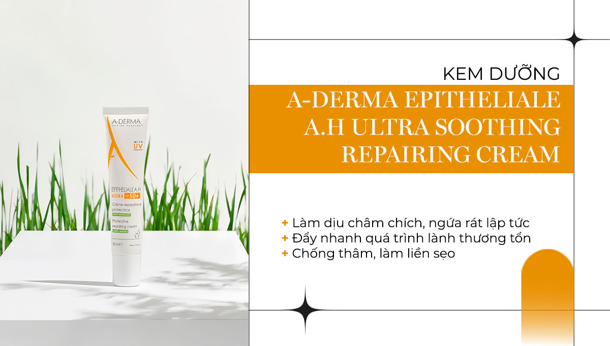 Kem dưỡng A-DERMA Epitheliale A.H Ultra Soothing Repairing Cream giúp phục hồi da bị cháy nắng, làm dịu da kích ứng và hỗ trợ quá trình lành thương tổn, là sản phẩm cần thiết trong bộ mỹ phẩm phục hồi da của bạn.