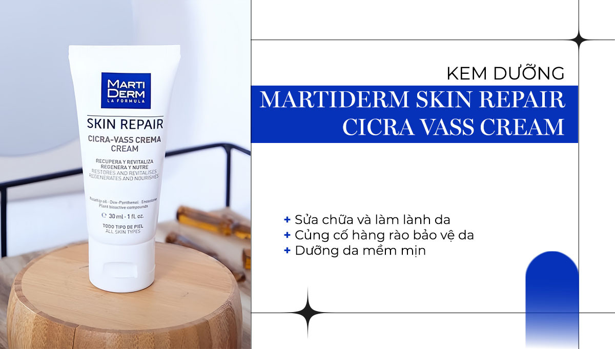 Mỹ phẩm phục hồi da MartiDerm Skin Repair Cicra Vass Cream, được biết đến với công dụng sửa chữa và làm lành da, củng cố hàng rào bảo vệ da, giúp da mềm mại. Đây là sản phẩm thuộc danh sách 10 mỹ phẩm phục hồi da mạnh mẽ mà Lixibox đề cập cho quá trình phục hồi da bị cháy nắng hoặc kích ứng.