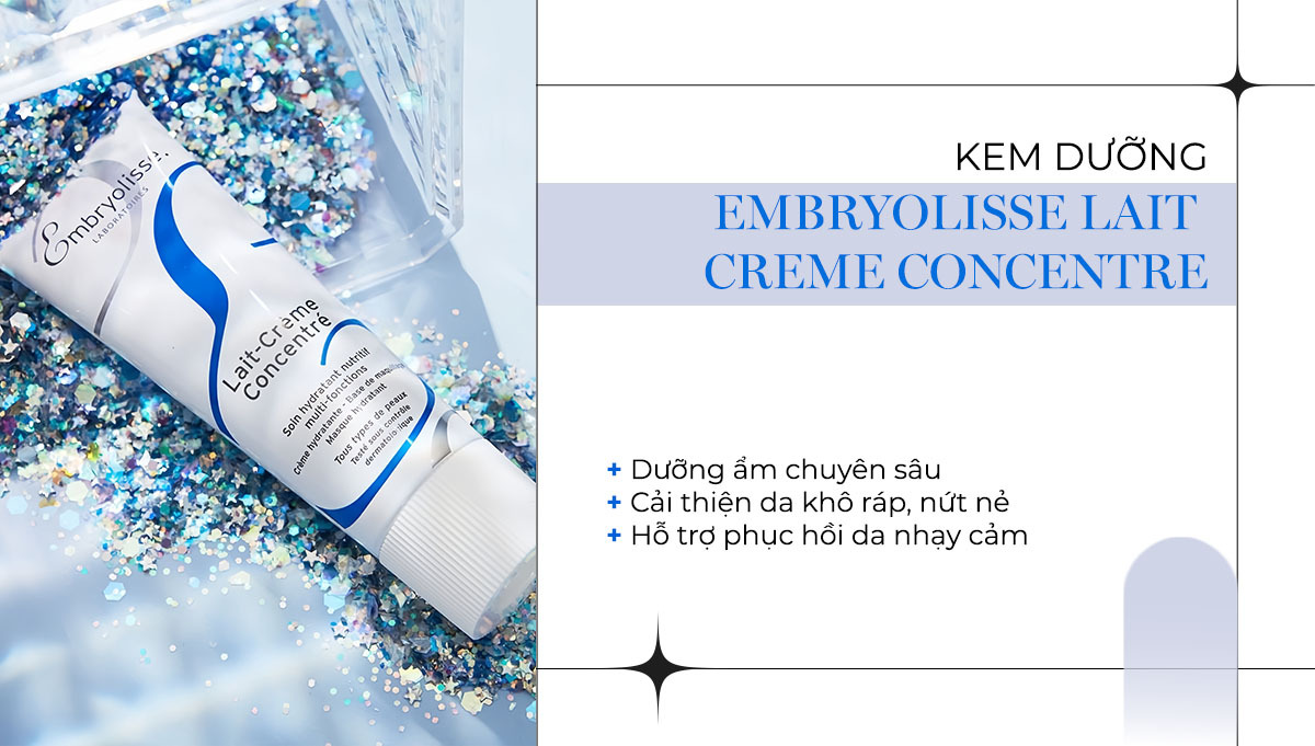 Kem dưỡng Embryolisse Lait Crème Concentré hỗ trợ phục hồi da nhạy cảm, cải thiện tình trạng da khô ráp, nứt nẻ, và duy trì độ ẩm cần thiết cho làn da suốt cả ngày. Sản phẩm này là lựa chọn lý tưởng trong chu trình phục hồi da của Lixibox Skincare.