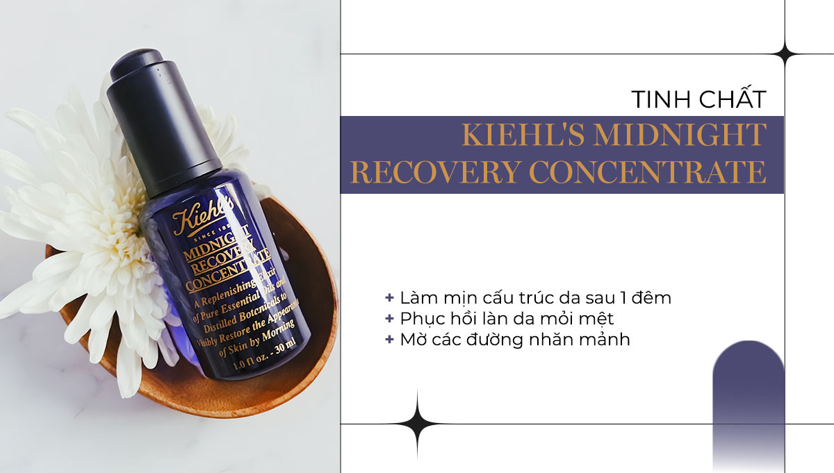 Kiehl's Midnight Recovery Concentrate, tinh chất phục hồi da, giúp làm mịn cấu trúc da sau 1 đêm, phục hồi làn da mệt mỏi và mở các đường nhăn mạnh mẽ. Sản phẩm không thể thiếu cho bước skincare quan trọng trong việc phục hồi da.