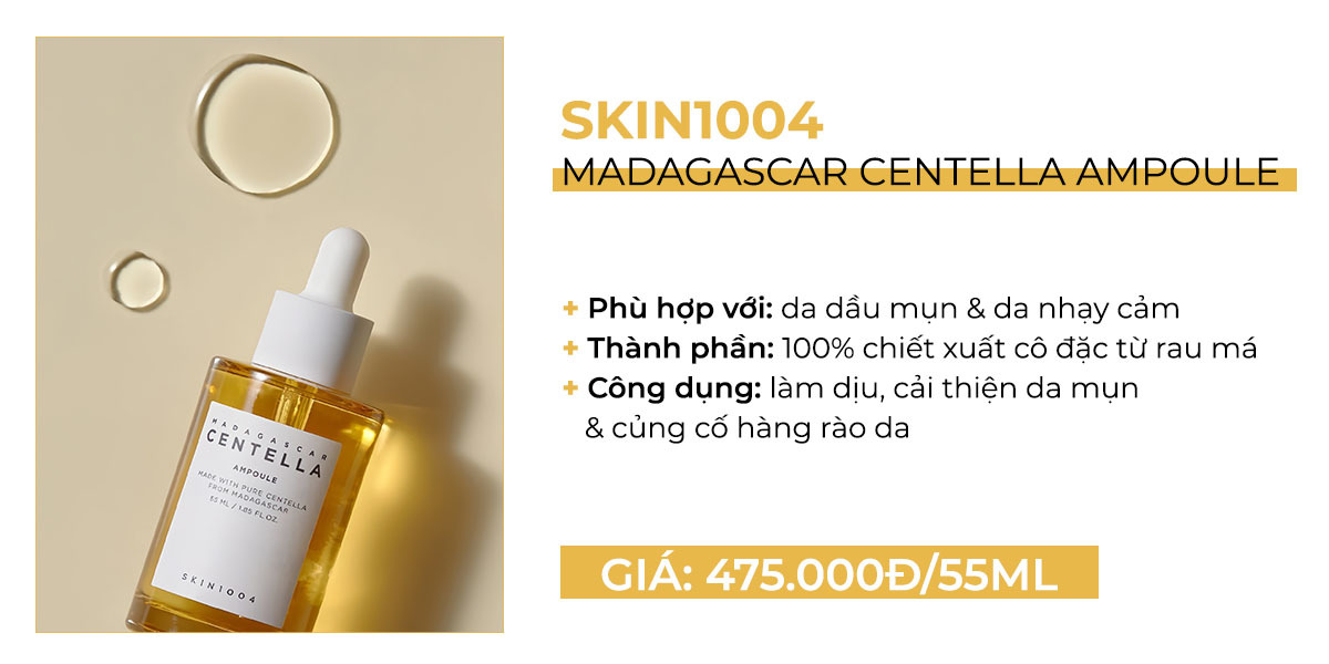Chiết xuất rau má trong SKIN1004 Madagascar Centella Ampoule giúp làm dịu và cải thiện tình trạng da mụn, phù hợp cho da nhờn và nhạy cảm, giá chỉ 475.000Đ cho 55ml.