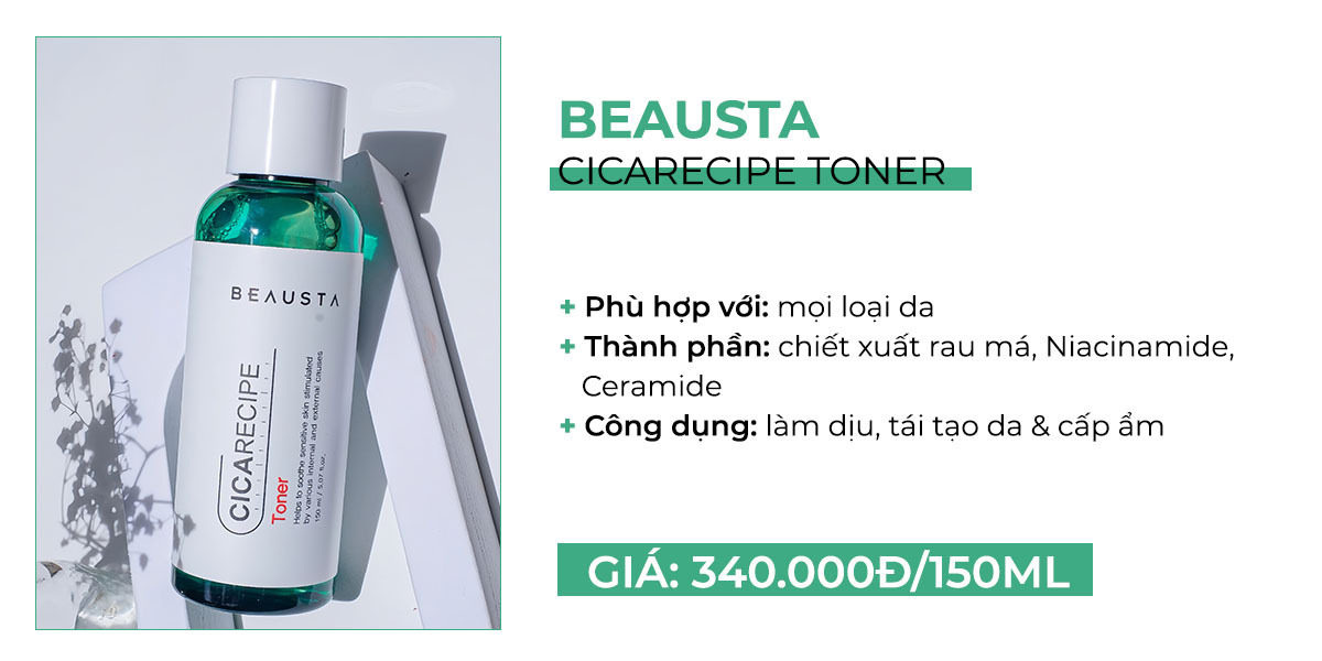 Toner CicaRecipe BeauSta chứa chiết xuất rau má giúp trị mụn, làm dịu da nhanh chóng, và phù hợp với mọi loại da. Thành phần Niacinamide và Ceramide hỗ trợ tái tạo và cấp ẩm cho da, giá 340.000đ cho 150ml.