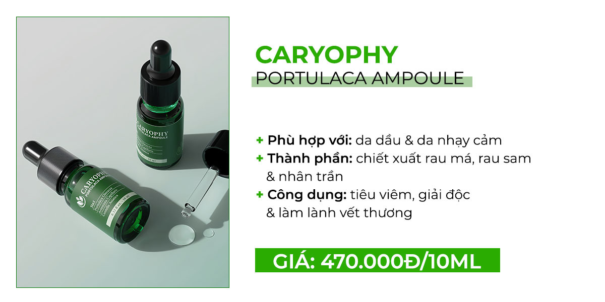 Sản phẩm CARYOPHY Portulaca Ampoule với chiết xuất rau má nổi tiếng, phù hợp cho da dầu và nhạy cảm. Công dụng chính là tiêu viêm, giải độc, làm lành vết thương, giá 470.000Đ cho 10ml. Tìm hiểu thêm về mỹ phẩm chứa chiết xuất rau má trên Lixibox.