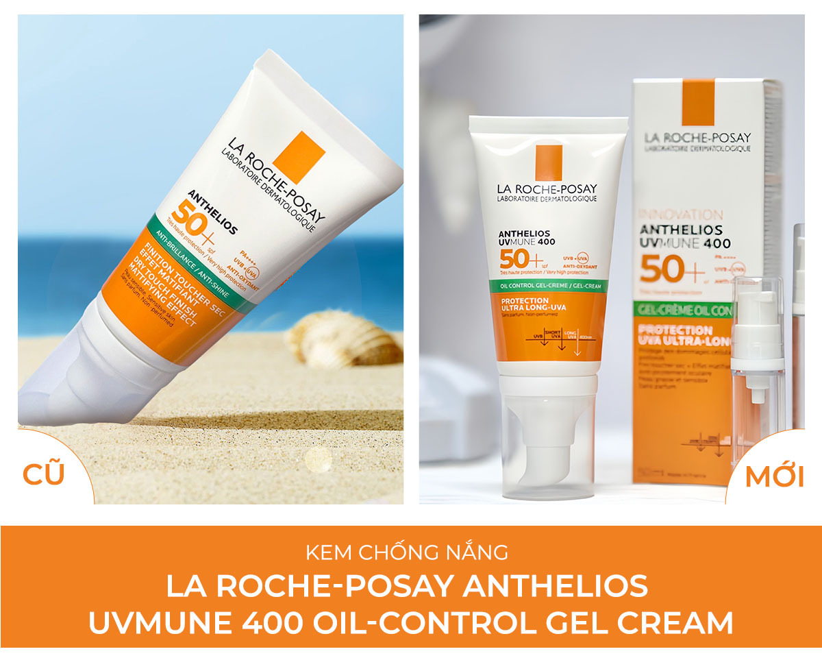 So sánh bản cũ và bản mới của kem chống nắng La Roche-Posay Anthelios UVMune 400 Oil-Control Gel Cream với thông tin phân biệt giữa các sản phẩm mỹ phẩm từ La Roche-Posay, Skin1004, The Auragins, Chacott và Estee Lauder. Bài viết được cung cấp bởi Lixibox.