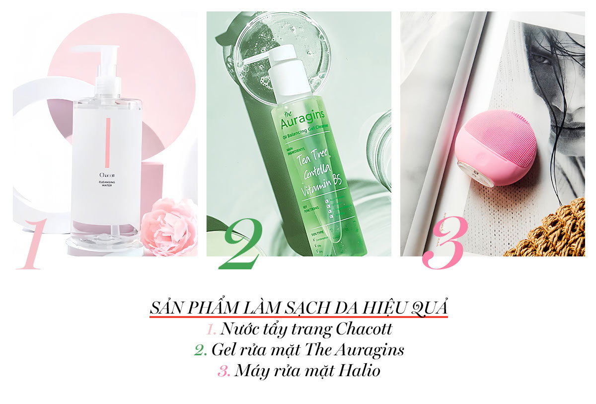 Sản phẩm làm sạch da hiệu quả gồm nước tẩy trang Chacott, gel rửa mặt The Auragins, và máy rửa mặt Halio. Câu hỏi về việc tẩy trang xong có cần rửa mặt không? được giải đáp trong bài viết của Lixibox Skincare.