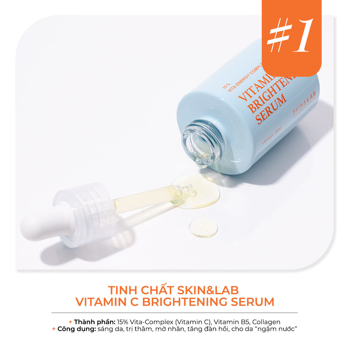Tinh chất SKIN&LAB Vitamin C Brightening Serum, sản phẩm nổi bật của thương hiệu mỹ phẩm Hàn Quốc SKIN&LAB, giúp sáng da, trị thâm, cung cấp độ ẩm cho làn da, phù hợp với tín đồ skincare tại Lixibox.