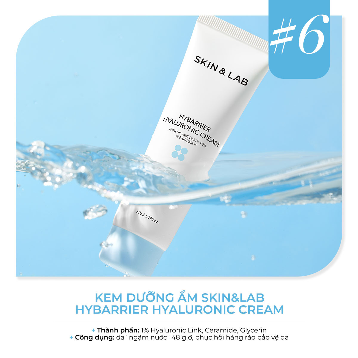 Kem dưỡng ẩm SKIN&LAB Hybarrier Hyaluronic Cream, thành phần gồm 1% Hyaluronic Link, Ceramide, Glycerin, giúp da "ngậm nước" 48 giờ, phục hồi hàng rào bảo vệ da. Khám phá các sản phẩm best-seller của thương hiệu mỹ phẩm Hàn Quốc tại Lixibox.