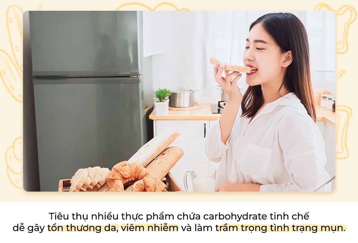 Tiêu thụ nhiều thực phẩm chứa carbohydrate tinh chế dễ gây tổn thương da, viêm nhiễm và làm trầm trọng tình trạng mụn. Khám phá những món ăn gây nổi mụn trong bài viết của Lixibox Skincare.