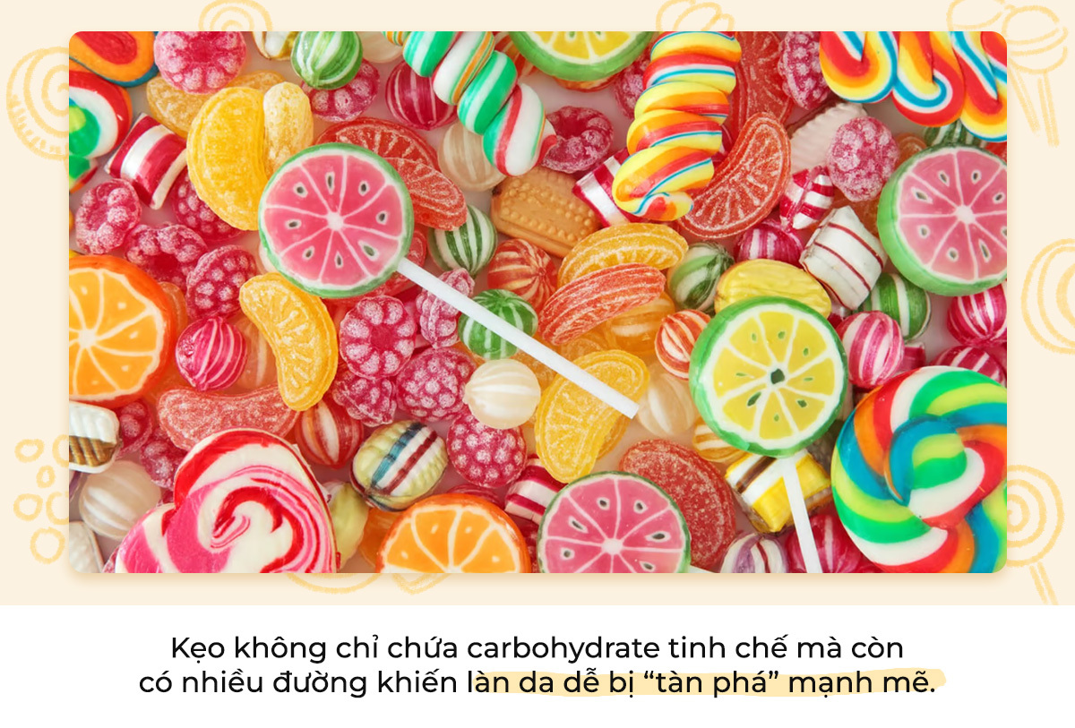 Kẹo với nhiều loại hình dáng và màu sắc khác nhau, thể hiện các thành phần gia tăng đường, gây hại cho làn da. Bài viết của Lixibox Skincare đề cập những món ăn gây nổi mụn, bao gồm cả thông tin về thức ăn gây nổi mụn, và có nên ăn bánh trung thu có nổi mụn không.