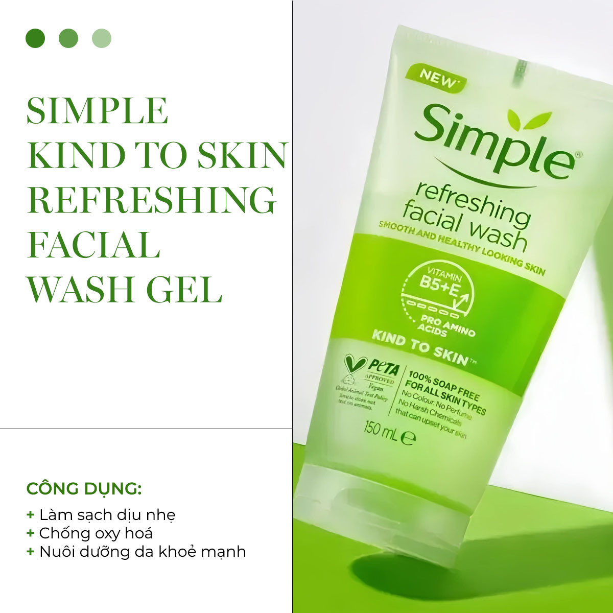 Sữa rửa mặt gel Simple Kind To Skin với công dụng làm sạch dịu nhẹ, có vitamin B5 và E, giúp nuôi dưỡng da khoẻ mạnh và chống oxy hoá, lý tưởng cho sinh viên với giá cả phải chăng.