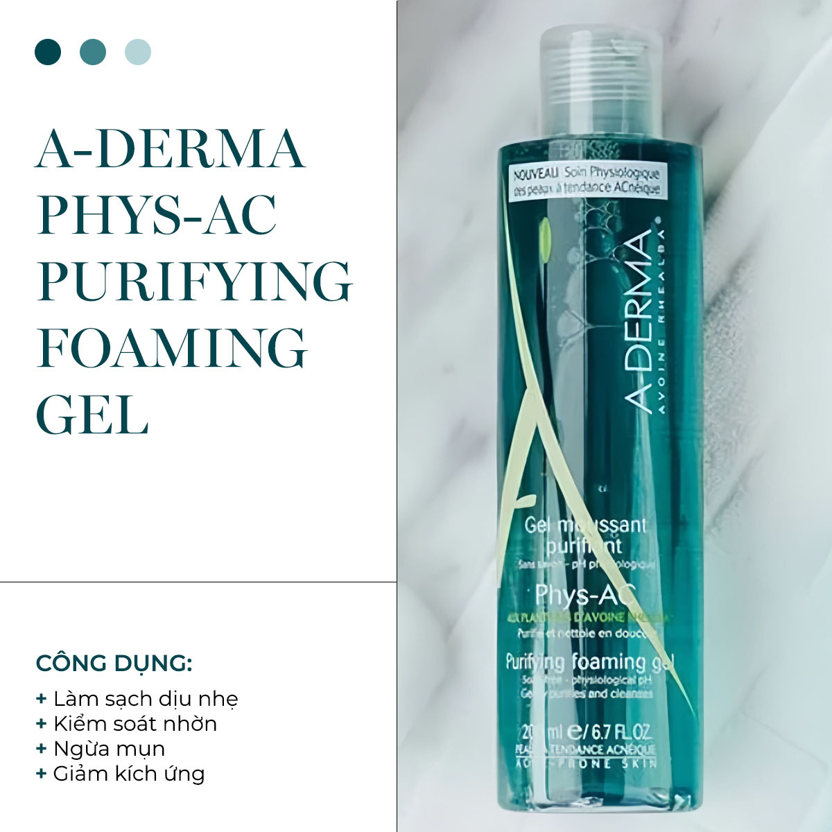 A-DERMA PHYS-AC Gel rửa mặt purifying cho làn da nhạy cảm, giúp làm sạch nhẹ nhàng, kiểm soát nhờn, ngừa mụn và giảm kích ứng. Sản phẩm lý tưởng cho sinh viên với giá phải chăng.