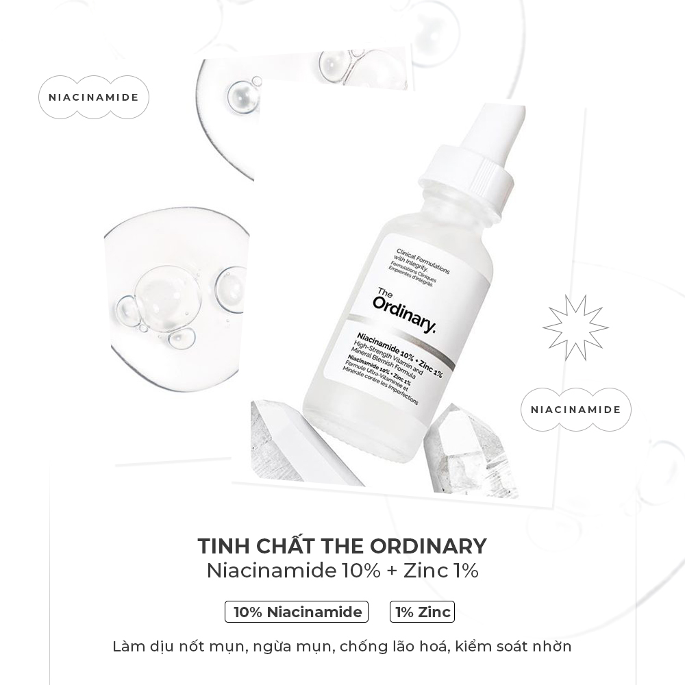 Tinh chất THE ORDINARY Niacinamide 10% + Zinc 1% hỗ trợ làm dịu và ngừa mụn, nổi bật trong danh sách các loại mỹ phẩm chứa Niacinamide, đáng chú ý cho những ai yêu thích skincare hiệu quả từ Lixibox.