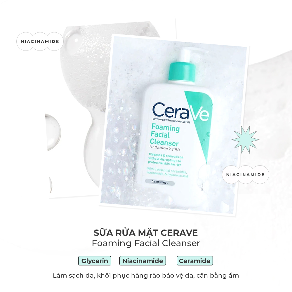 Sữa rửa mặt Cerave với thành phần Niacinamide, làm sạch da và kiểm soát dầu mà không làm tổn thương hàng rào bảo vệ da. Tìm hiểu thêm về các sản phẩm chứa Niacinamide tại Lixibox để cải thiện làn da.