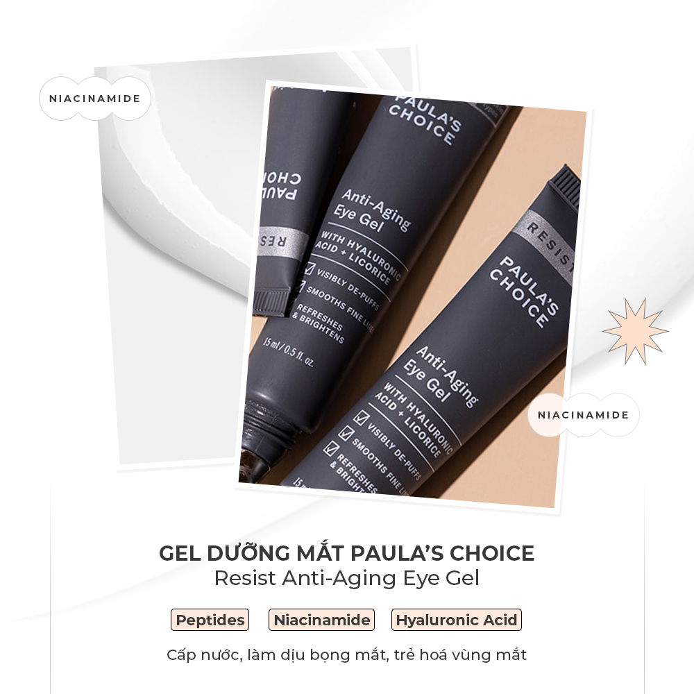 Gel dưỡng mắt Paula's Choice Resist Anti-Aging Eye Gel chứa Niacinamide và Hyaluronic Acid, giúp cấp nước, làm dịu bọng mắt, làm trẻ hóa vùng mắt. Sản phẩm nổi bật trong danh sách các loại mỹ phẩm chứa Niacinamide từ Lixibox.