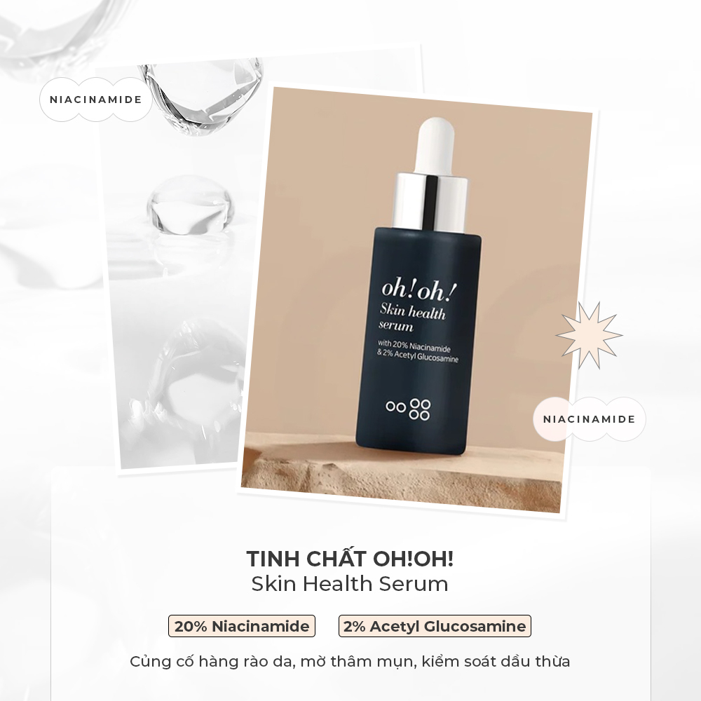 Tinh chất oh! oh! Skin Health Serum với 20% Niacinamide và 2% Acetyl Glucosamine, giúp cải thiện tình trạng da, kháng viêm và kiểm soát dầu thừa. Đây là một trong 10 sản phẩm chứa Niacinamide không thể bỏ qua cho những ai yêu thích skincare từ Lixibox.