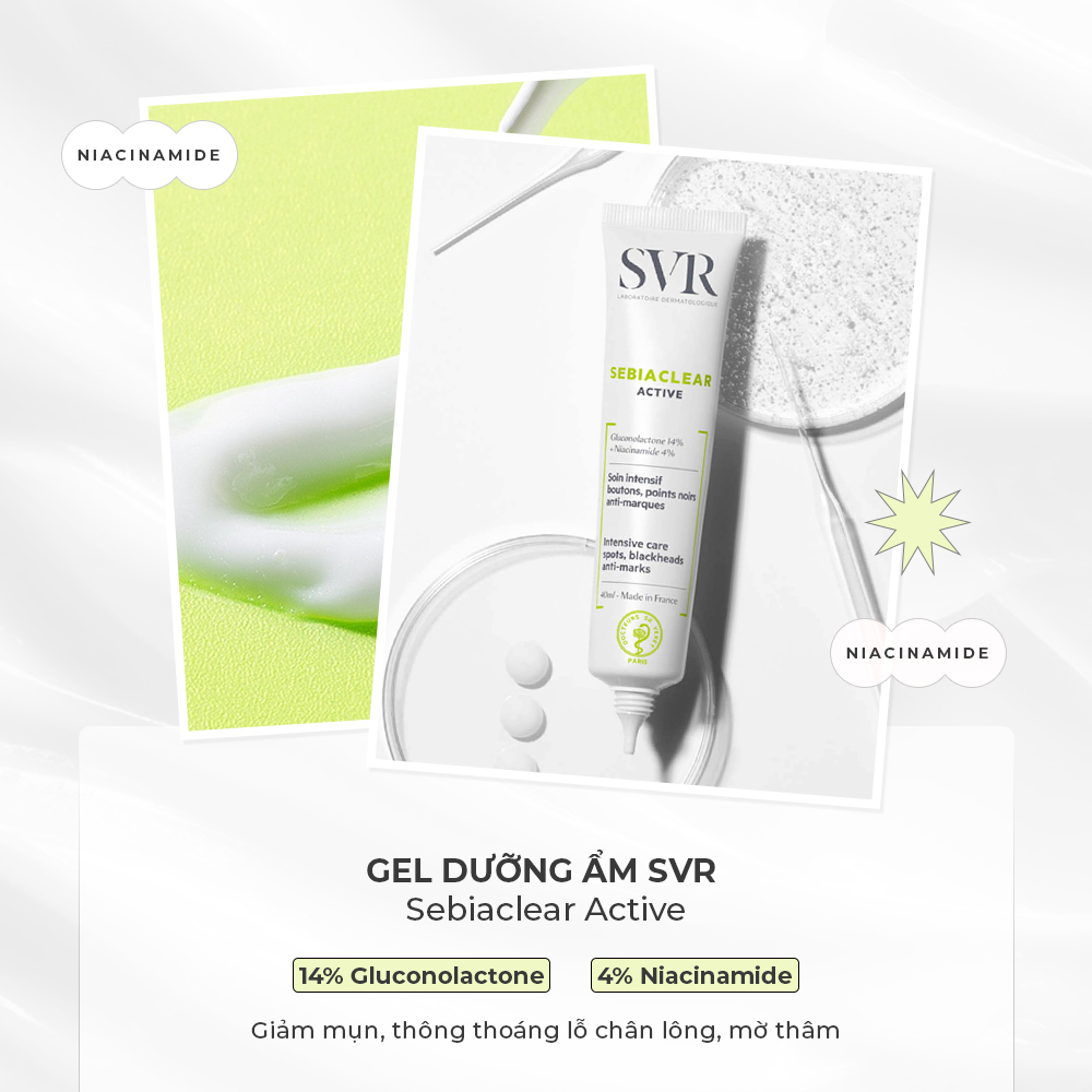 Gel dưỡng ẩm SVR Sebiaclear Active chứa 4% Niacinamide và 14% Gluconolactone, giúp giảm mụn, làm sáng da và cải thiện tình trạng da. Sản phẩm không thể thiếu trong bộ sưu tập các loại mỹ phẩm chứa Niacinamide của Lixibox.