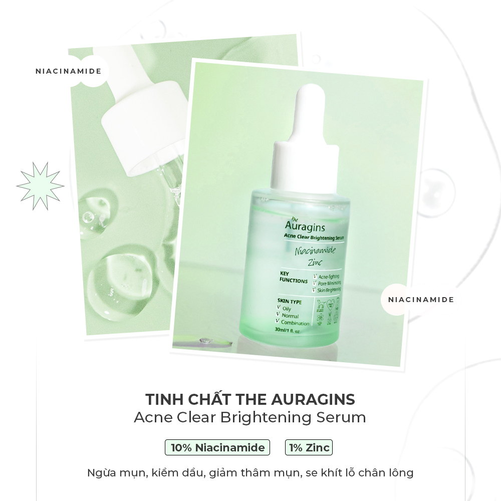 Tinh chất Auragins Acne Clear Brightening Serum với 10% Niacinamide và 1% Zinc, giúp ngừa mụn, kiểm soát dầu, giảm thâm mụn, và se khít lỗ chân lông. Sản phẩm lý tưởng cho làn da dầu, thường và hỗn hợp.