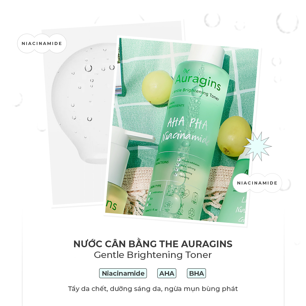Nuoc can bang The Auragins - Gentle Brightening Toner, chứa Niacinamide, AHA và BHA, giúp tẩy tế bào chết, làm sáng da và ngừa mụn. Khám phá thêm với Lixibox về các loại mỹ phẩm chứa Niacinamide để cải thiện làn da.