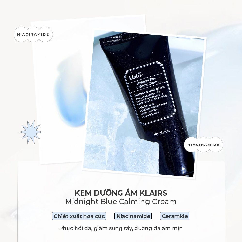 Kem dưỡng ẩm Klairs Midnight Blue Calming Cream chứa Niacinamide giúp phục hồi da, giảm sưng tấy và giữ ẩm cho da, với nhiều công dụng nổi bật như điều trị mụn và chống lão hóa, là sản phẩm không thể thiếu trong bộ sưu tập Lixibox Skincare.
