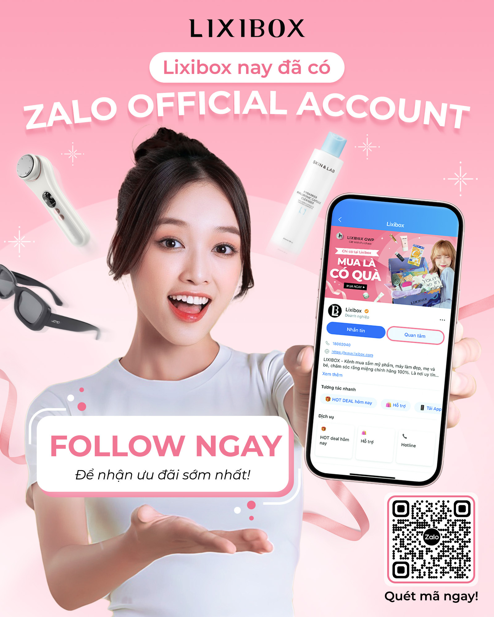 Lixibox giới thiệu Zalo Official Account với hình ảnh thu hút, kêu gọi người dùng theo dõi để nhận ưu đãi và tiết kiệm khi mua sắm. Mẹo mua sắm thông minh và cách mua sắm tiết kiệm hiệu quả được nhiều người quan tâm, bao gồm GWP và Lixibox Shopping Guide.