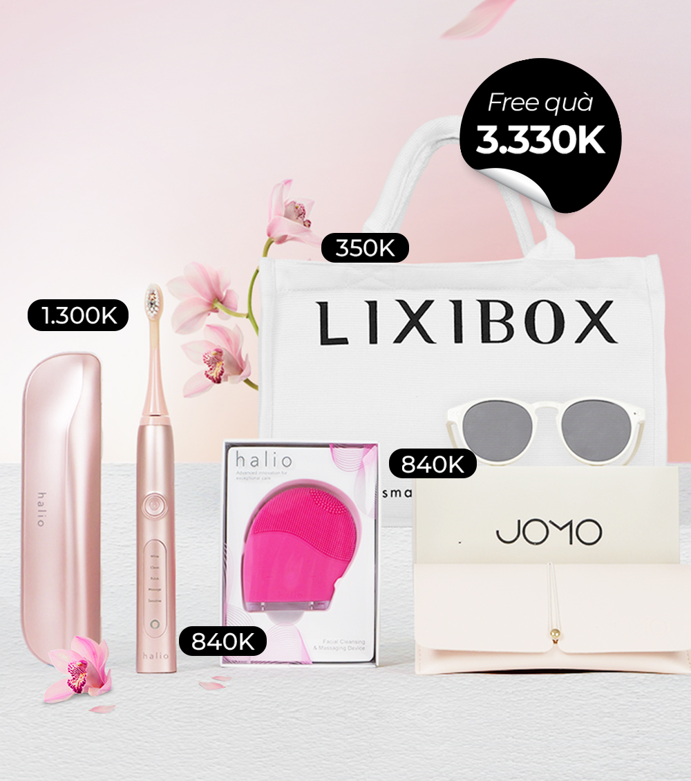 Bộ quà tặng GWP Lixibox trị giá hơn 3 triệu đồng bao gồm sản phẩm Halio, kính râm và ví JOMO, chương trình GWP Vietnam ưu đãi ngày Phụ nữ Việt Nam.