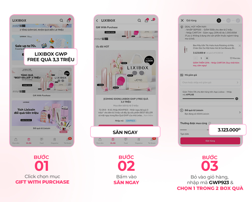 Chương trình GWP tại Lixibox tặng quà trị giá lên đến 3,5 triệu đồng. Hướng dẫn chi tiết bao gồm các bước chọn Gift With Purchase, săn deal với mã GWP923 để nhận quà tặng đặc biệt trong dịp khuyến mãi GWP2010. Không bỏ lỡ cơ hội nhận quà cho ngày phụ nữ Việt Nam và 20 tháng 10.