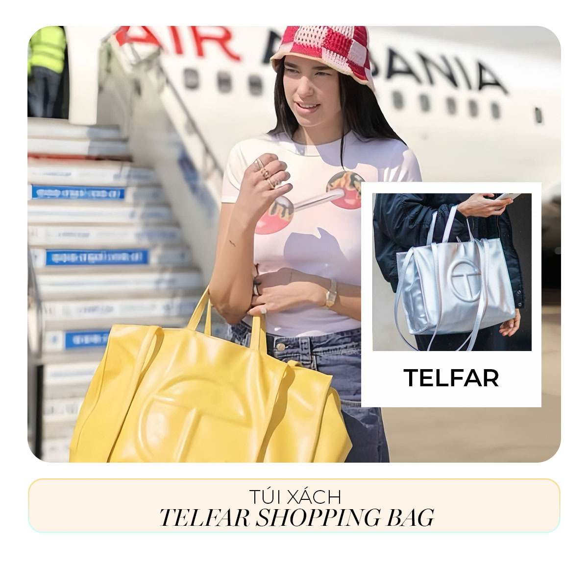 Túi xách Telfar Shopping Bag màu vàng, nữ người mẫu cầm túi trong tay, tạo dáng tự tin bên sân bay. Gợi ý món quà tặng hoàn hảo cho ngày Phụ nữ Việt Nam 20 tháng 10 từ Lixibox, cùng tìm hiểu quà tặng phù hợp cho phụ nữ trong bài viết.