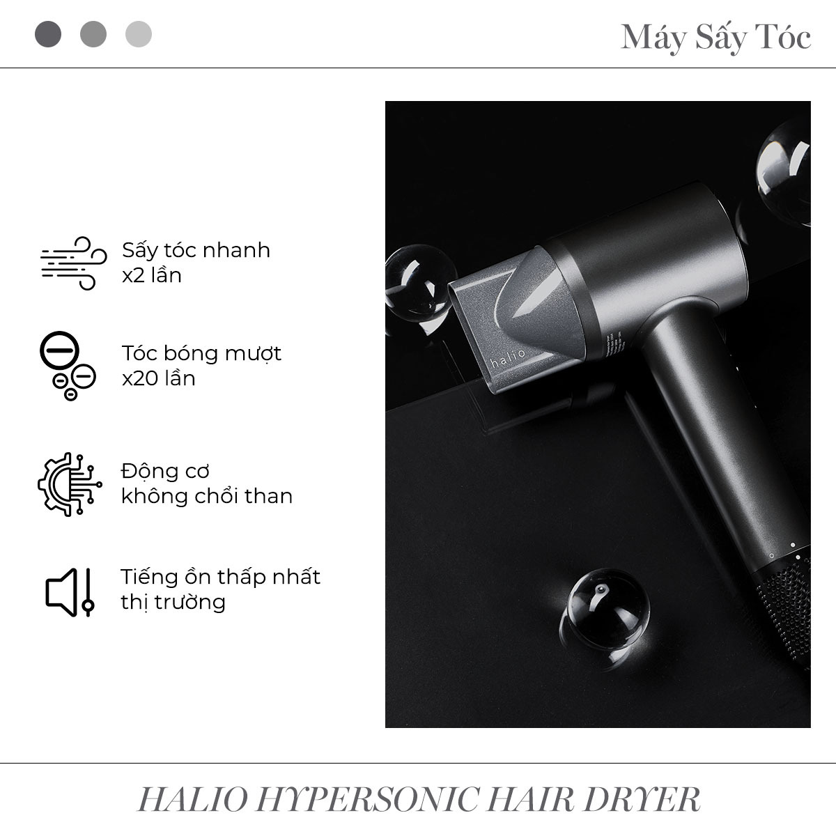 Máy sấy tóc Halio Hypersonic với những tính năng ưu việt: sấy tóc nhanh gấp đôi, tạo độ bóng mượt gấp 20 lần, động cơ không chổi than và tiếng ồn thấp nhất thị trường. Đây là một thiết bị làm đẹp bền vững đang thịnh hành, thuộc Lixibox Brand, phù hợp cho tín đồ yêu thích làm đẹp bền vững và affordable luxury.