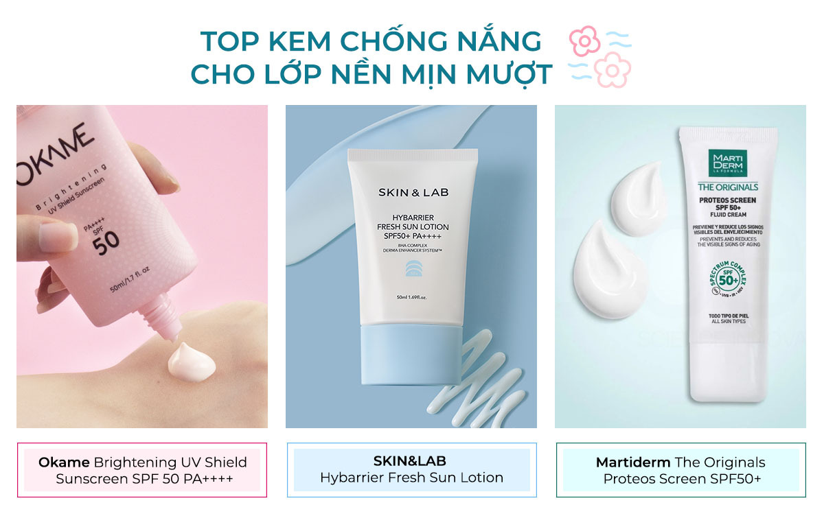 Top 3 loại kem chống nắng tuyệt vời cho làn da, bao gồm Okame Brightening UV Shield, SKIN&LAB Hybarrier Fresh Sun Lotion, và Martiderm The Originals Proteos Screen SPF50+. Xu hướng làm đẹp hot trend 2023 với chỉ số SPF phù hợp.